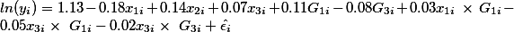 
ln(y_i)=1.13-0.18x_{1i}+0.14x_{2i}+0.07x_{3i}+0.11G_{1i}-0.08G_{3i}+0.03x_{1i}~\times~G_{1i}-0.05x_{3i}\times~G_{1i}-0.02x_{3i}\times~G_{3i}+\hat{\epsilon_i}
