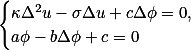 \begin{cases}\kappa\Delta^2{u}-\sigma\Delta{u}+c\Delta\phi=0,\\a\phi-b\Delta\phi+c\Deltau=0\end{cases}