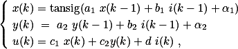 \begin{cases} x(k)=\mathrm{tansig}(a_1 x(k-1)+b_1 i(k-1)+\alpha_1)\\ y(k) = a_2 y(k-1)+b_2 i(k-1)+\alpha_2\\ u(k)=c_1 x(k)+c_2y(k)+d i(k) , \end{cases}