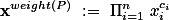 {\textbf{x}}^{weight(P)} := \Pi_{i=1}^n x_i^{c_i}