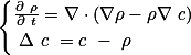  \begin{cases}\frac{\partial \rho}{\partial t}=\nabla\cdot(\nabla\rho-\rho\nabla c)\\ \Delta c =c - \rho\end{cases} 