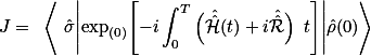 J=\Real \left\langle \hat{\sigma}\middle|\exp_{(0)}\middle[-i\int_0^T\left(\hat{\hat{\mathcal{H}}}(t)+i\hat{\hat{\mathcal{R}}}\right)\dd t\middle]\middle|\hat{\rho}(0)\right\rangle