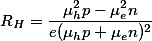 R_{H}=\frac{\mu_{h}^{2}p-\mu_{e}^{2}n}{e(\mu_{h}p+\mu_{e}n)^2}